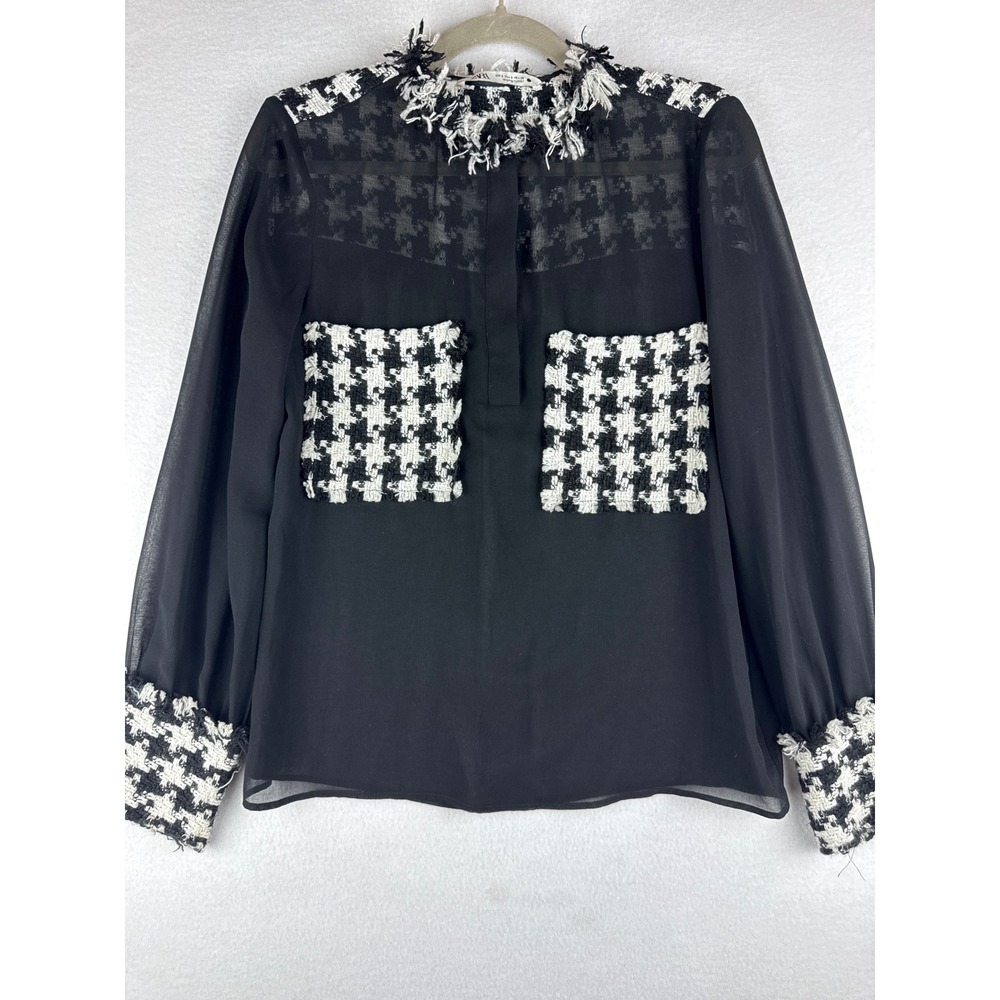 Zara Womens Small Black Sheer Houndstooth Trim Blouse Frayed Tweed Accent Top